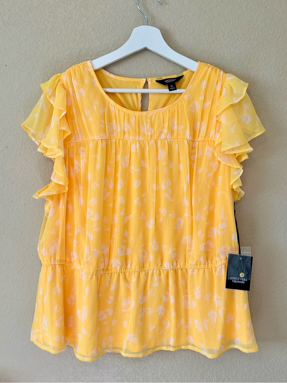 NWT Simply Vera Wang Yellow Ruffle Sleeve Peplum Top Size XL Summer Floral